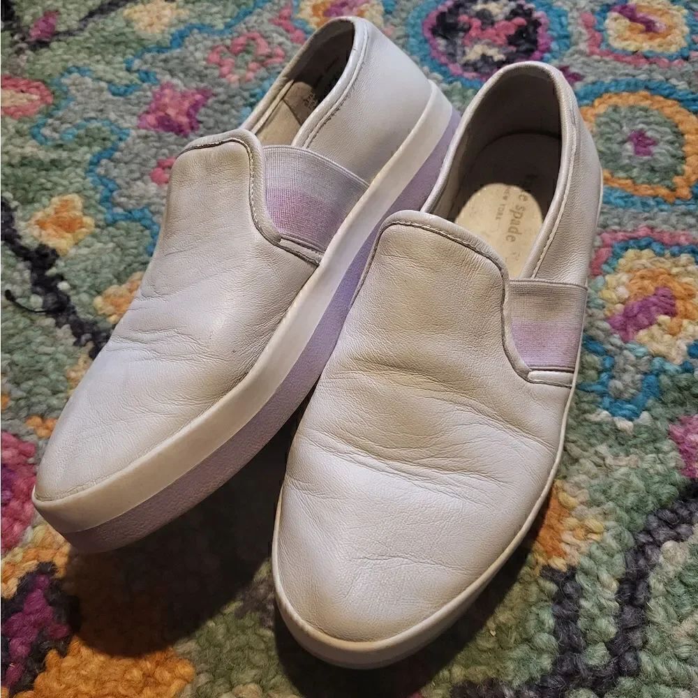 Kate Spade Sandy Leather Slip On Sneakers White Purple 7.5